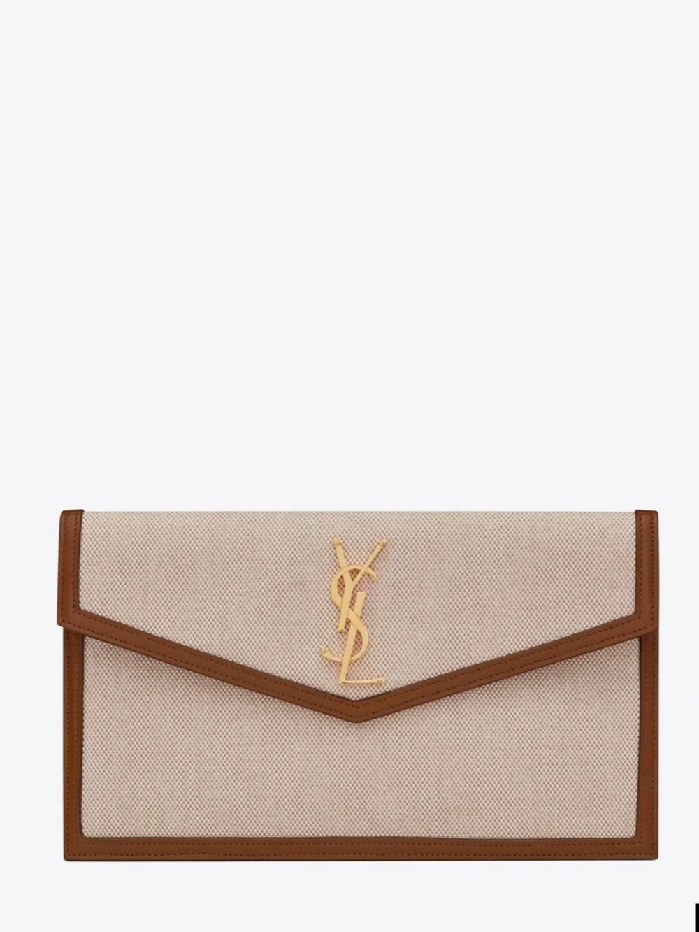 Yves Saint Laurent Cream Canvas and Brown Leather Trim Clutch w/ Gold Uptown Bag